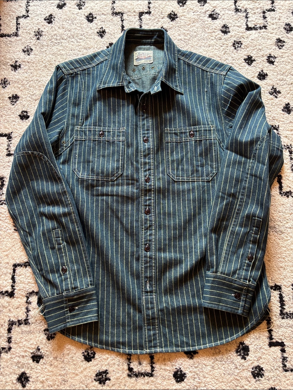 Striped Indigo and Forest Green Button-Down Workshirt